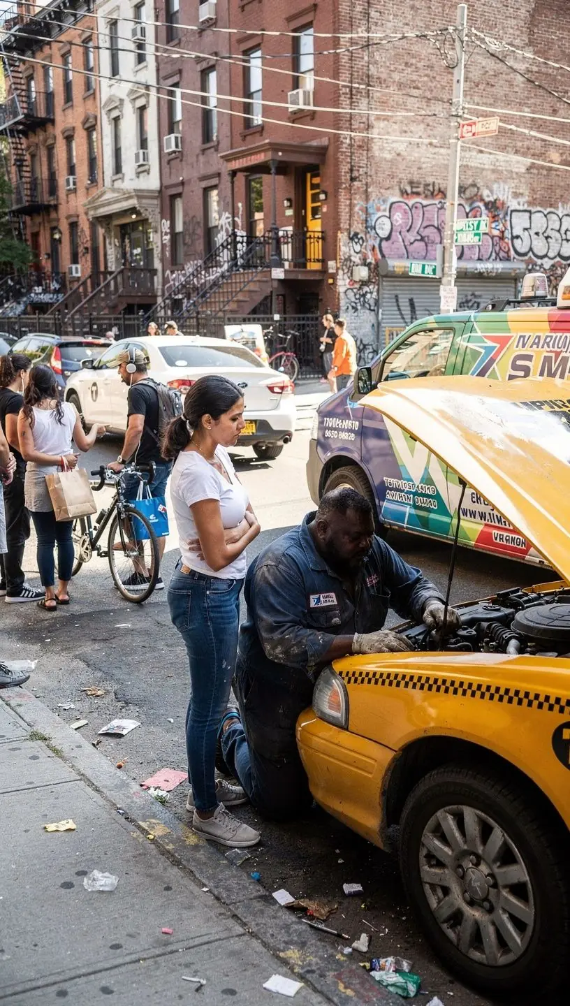 Technician providing convenient mobile car repair service to a client in an outer borough neighborhood.