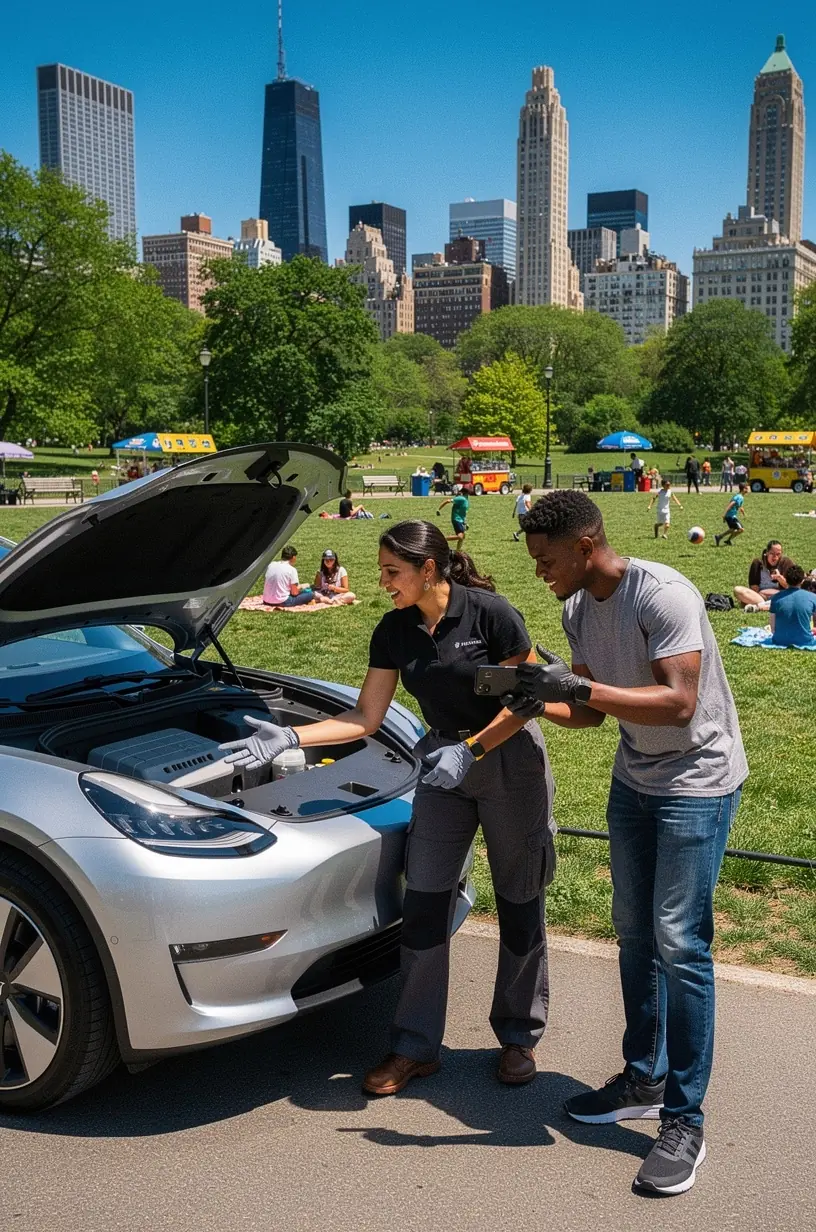Mechanic explaining repair options and maintenance tips to a car owner beside a vehicle without needing towing.